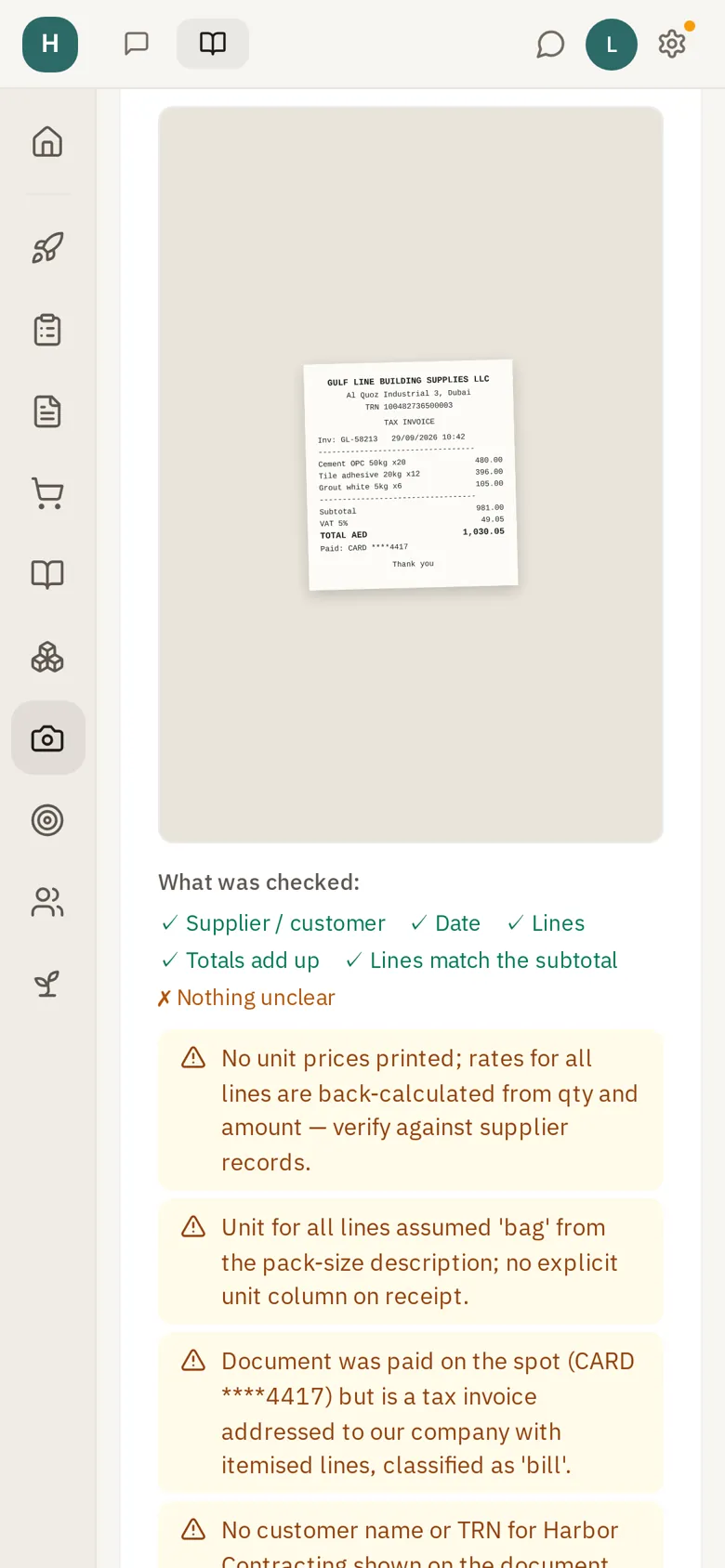 Capture: the receipt read, with supplier, amounts and VAT ready to confirm
