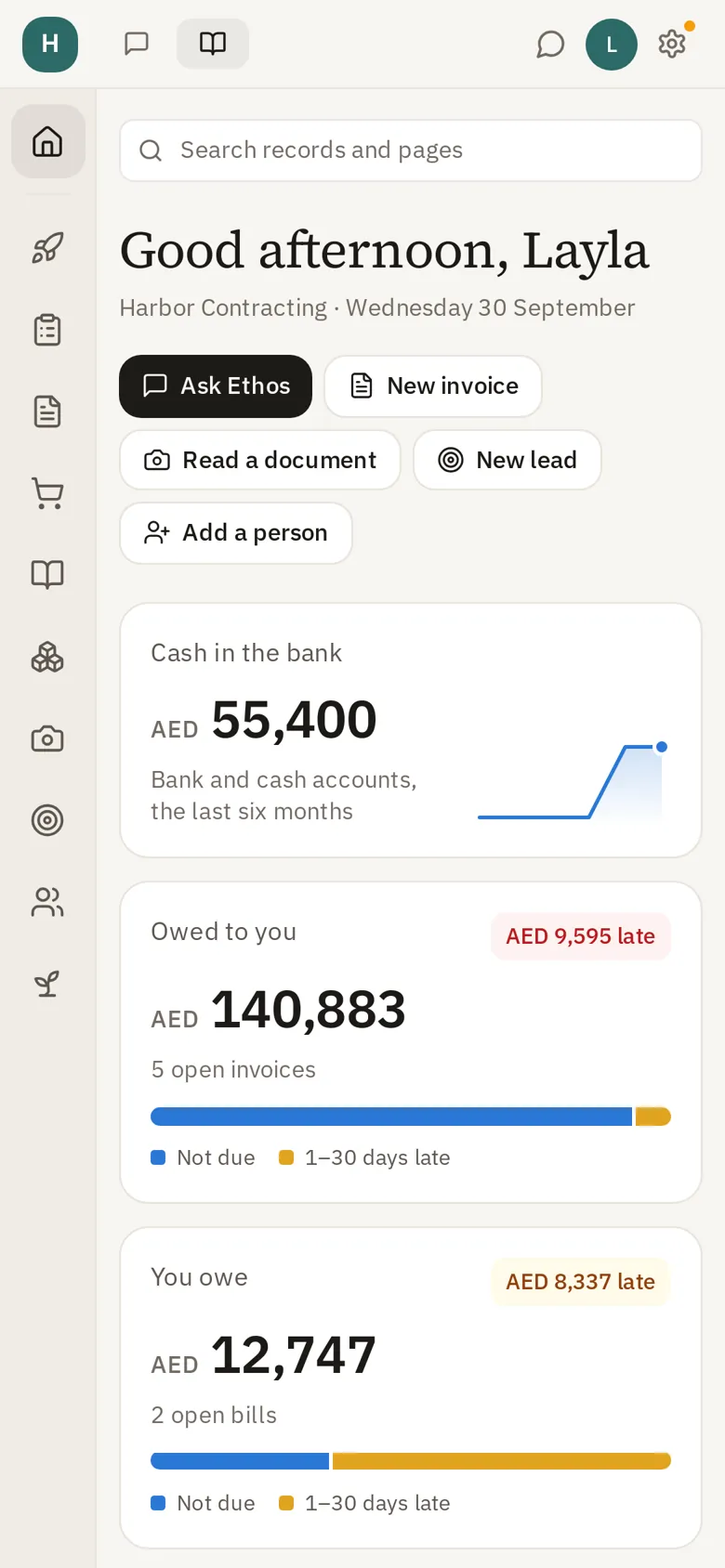 Ethos on a phone: cash in the bank and money owed