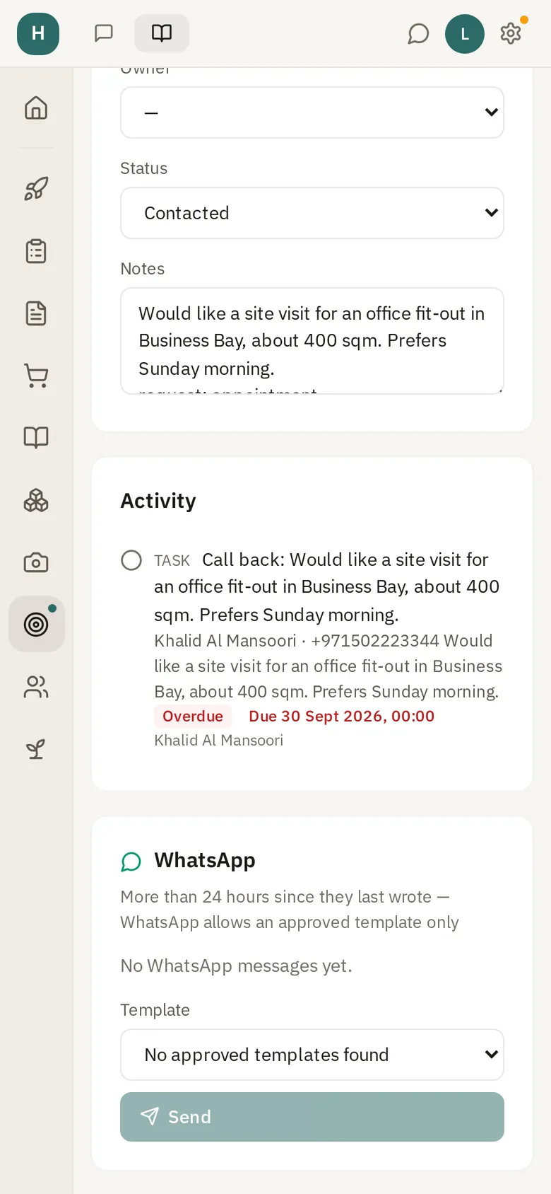 The appointment request in Ethos, with its call-back task